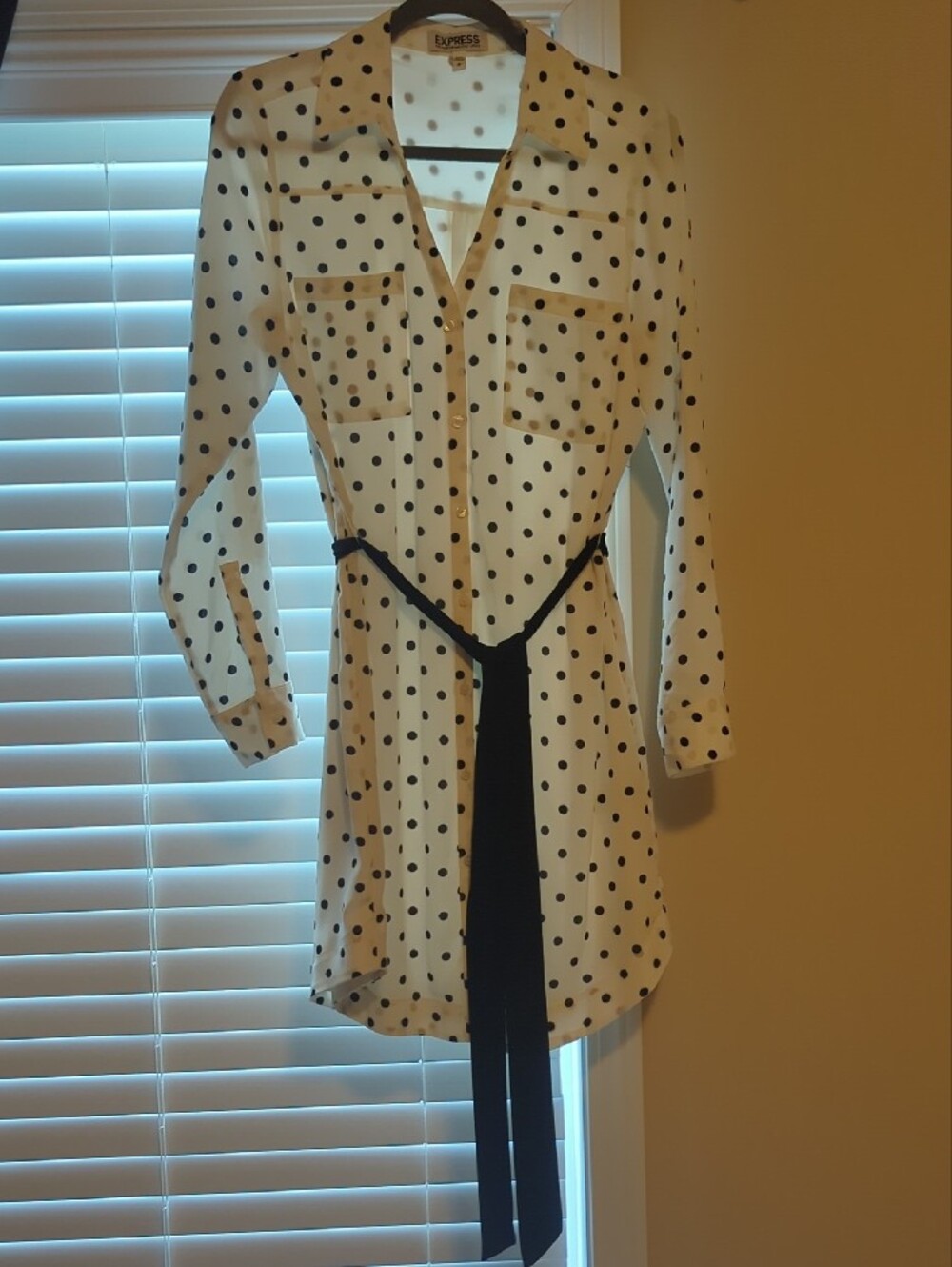 Polka Dot Long-Sleeve Shirt Dress with Tie Waist - White/Black